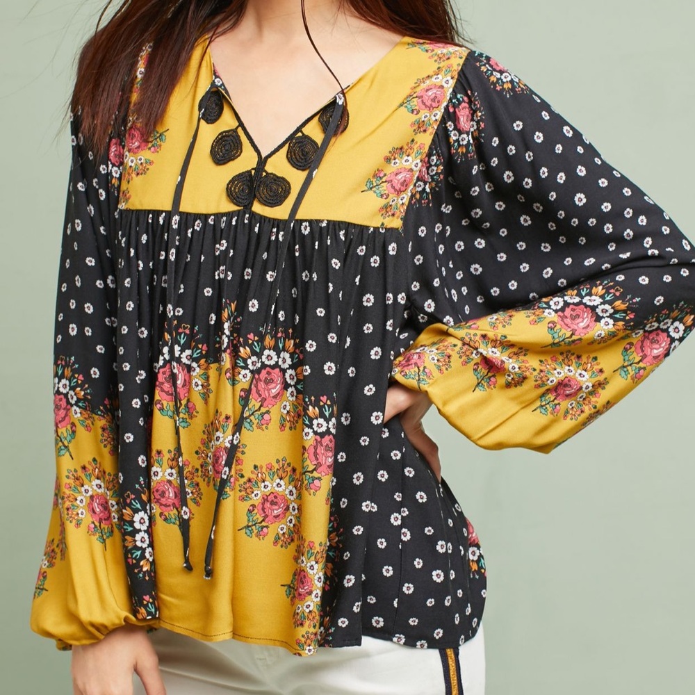 FARM RIO Intarsia Floral Peasant Style Blouse